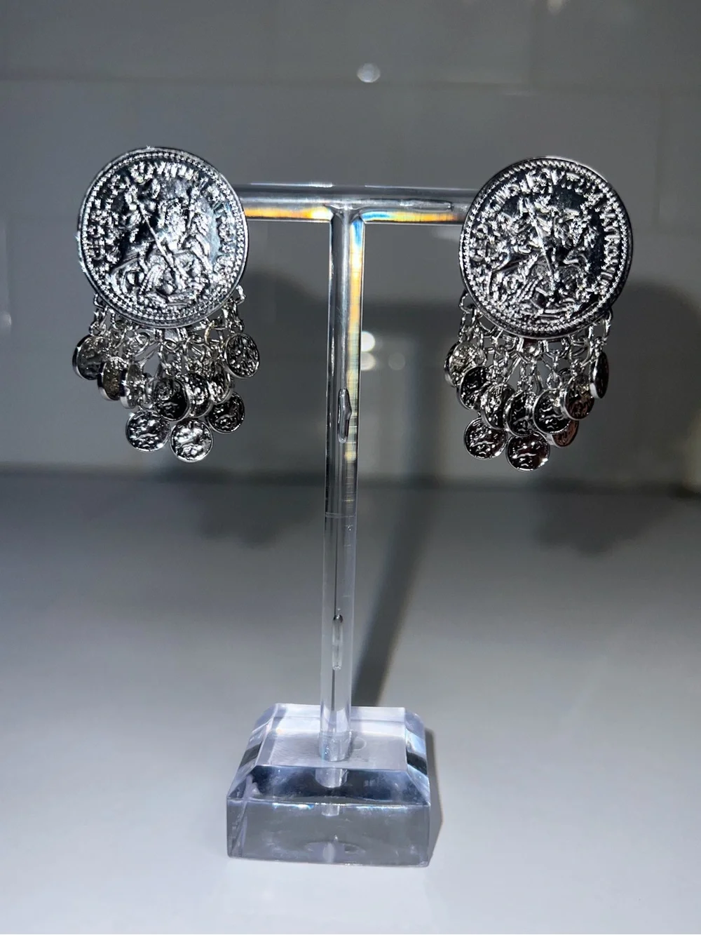 Silver Post Coin Drop Statement Earrings - Women Accessories